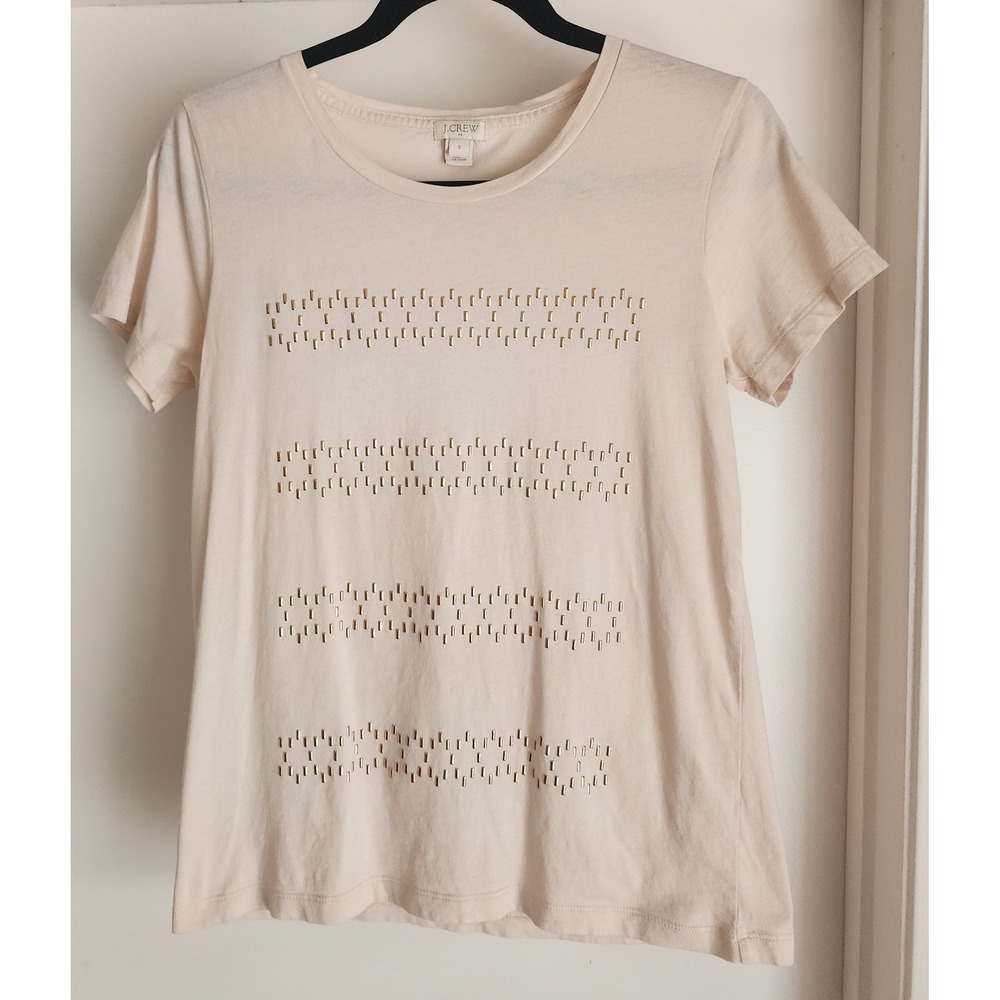 J.Crew Women T-Shirt Sz S Beige Short Sleeve Round Neck Casual Tee Top Metallic